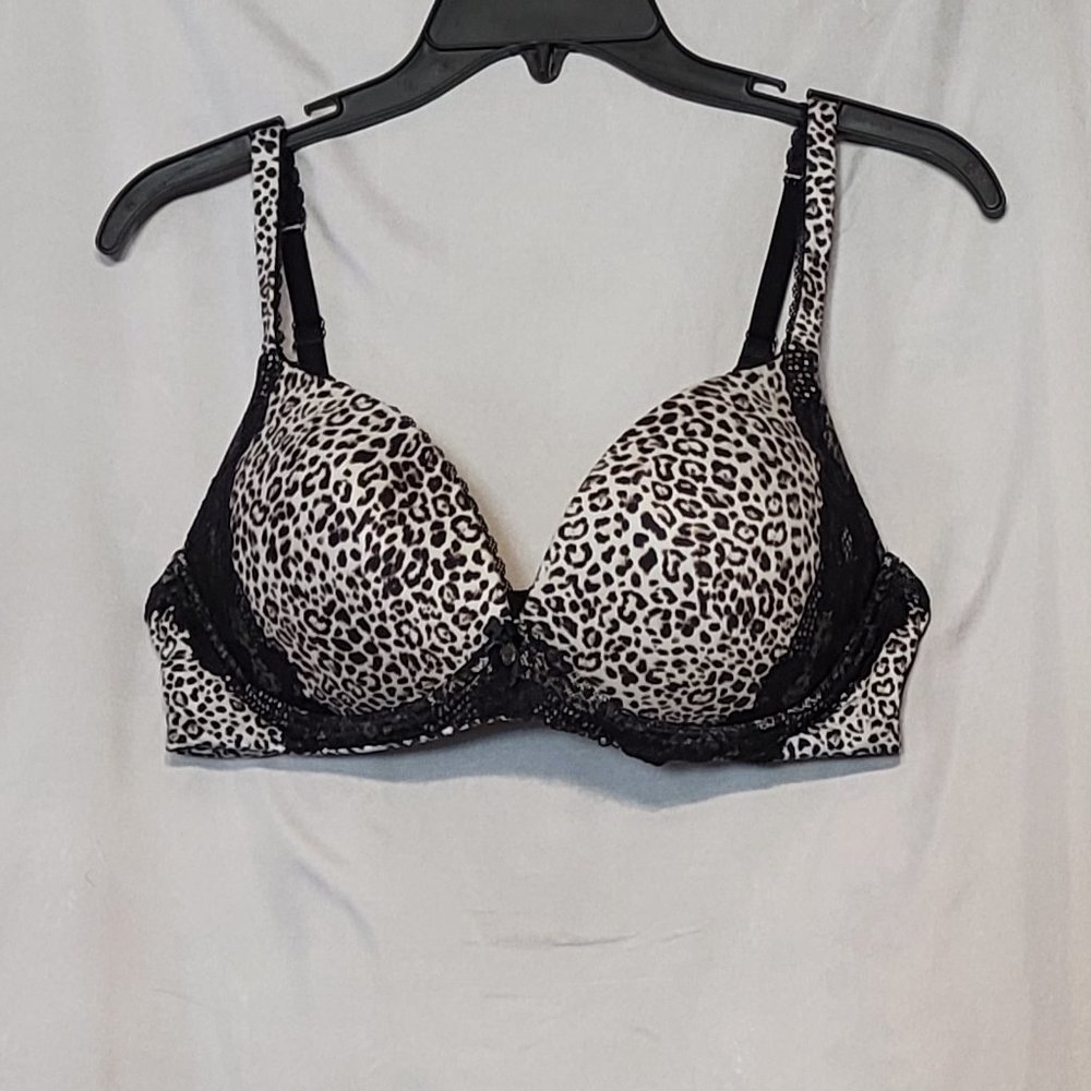 Victoria’s Secret size 38C Leopard Print black lace bra with padded cups.